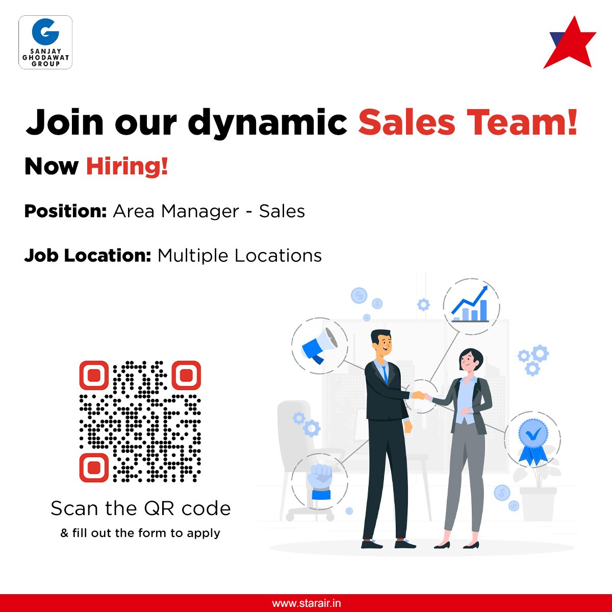 Ready to take off on this exciting journey?

Star Air is on the lookout for Area Manager - Sales.

Scan the QR code and let's make your career soar to new heights!

#OfficialStarAir #WeCare #ConnectingReallndia #FlyNonStop #FlyWithStarAir #SGGRising #Hiring #AirlineRecruitment
