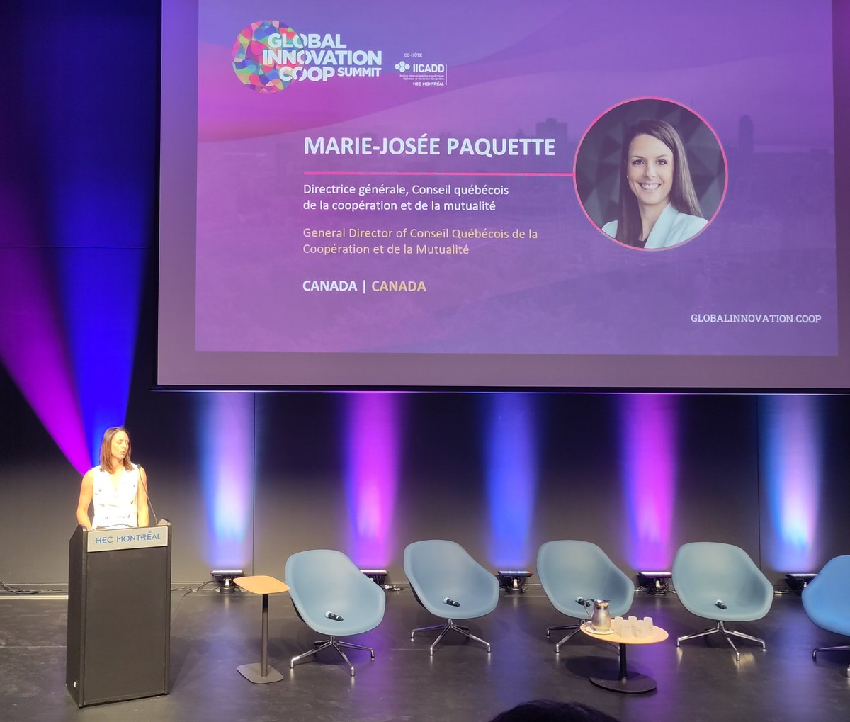 Marie-Josée Paquette CEO of <a href="/CQCMCOOP/">CQCM</a> opening the <a href="/GICSummit/">Global Innovation Cooperative Summit</a>. Apex coop organizations in Quebec work hand-to-hand with the govt to build an infrastructure for innovation, entrepreneurship and green transition.