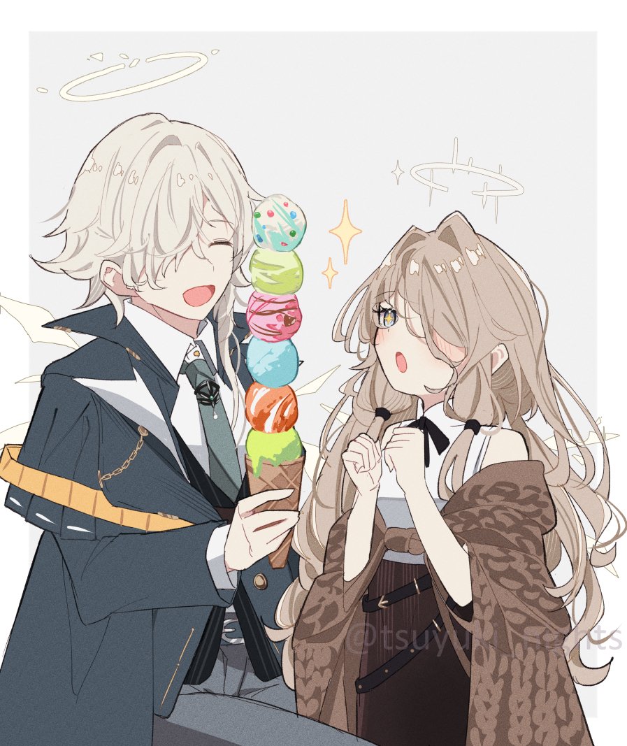 1girl ice cream 1boy food hair over one eye ice cream cone long hair  illustration images