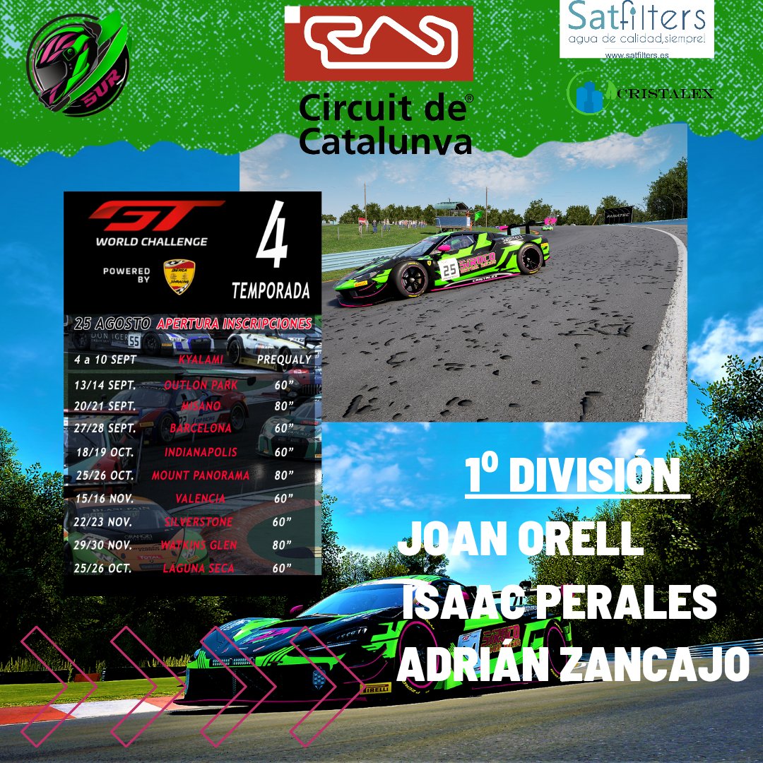 ¡Emoción en pista! Hoy nuestros pilotos regresan a la acción en Ibérica, compitiendo en una hora de carrera en el circuito de Barcelona. Además, nos complace compartir que dos de nuestros pilotos se encuentran actualmente en la 2ª y 3ª posición de la clasificación general.