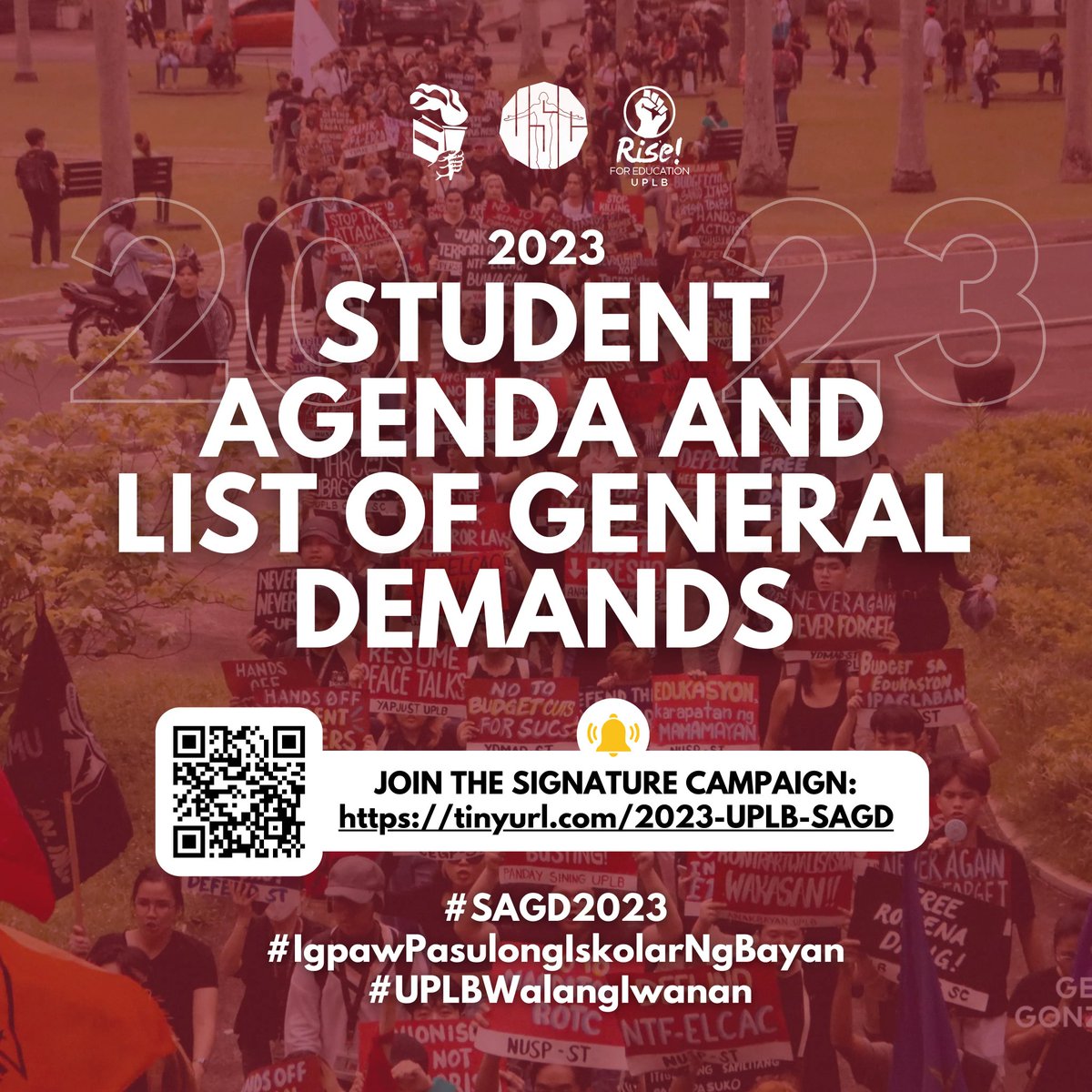 ‼️ 𝗔𝗧𝗧𝗘𝗡𝗧𝗜𝗢𝗡 ‼️

The 44th UPLB University Student Council, the Samahan ng Kabataan Para sa Bayan (SAKBAYAN), and the Rise for Education Alliance - UPLB (R4E - UPLB) presents the 2023 Students' Agenda and List of General Demands (SAGD).

[1/3]