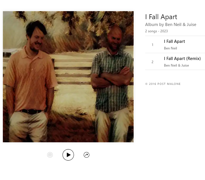 benneilmusic's tweet photo. "I Fall Apart"
Ben Neil &amp; Jesse Lee "Juise" Smith 
© 2016 Post Malone
℗ 2023 Benjamin P. Neil

Spotify 
https://t.co/aTNxsPuDzb 

Deezer 
https://t.co/z2SgOAUqxE 

TIDAL
https://t.co/LIJVHZuwQZ 

#benneil #thebenneil #BenNeil #jesseleesmith #juise #postmalone #IFallApart https://t.co/fn2SXShGsT