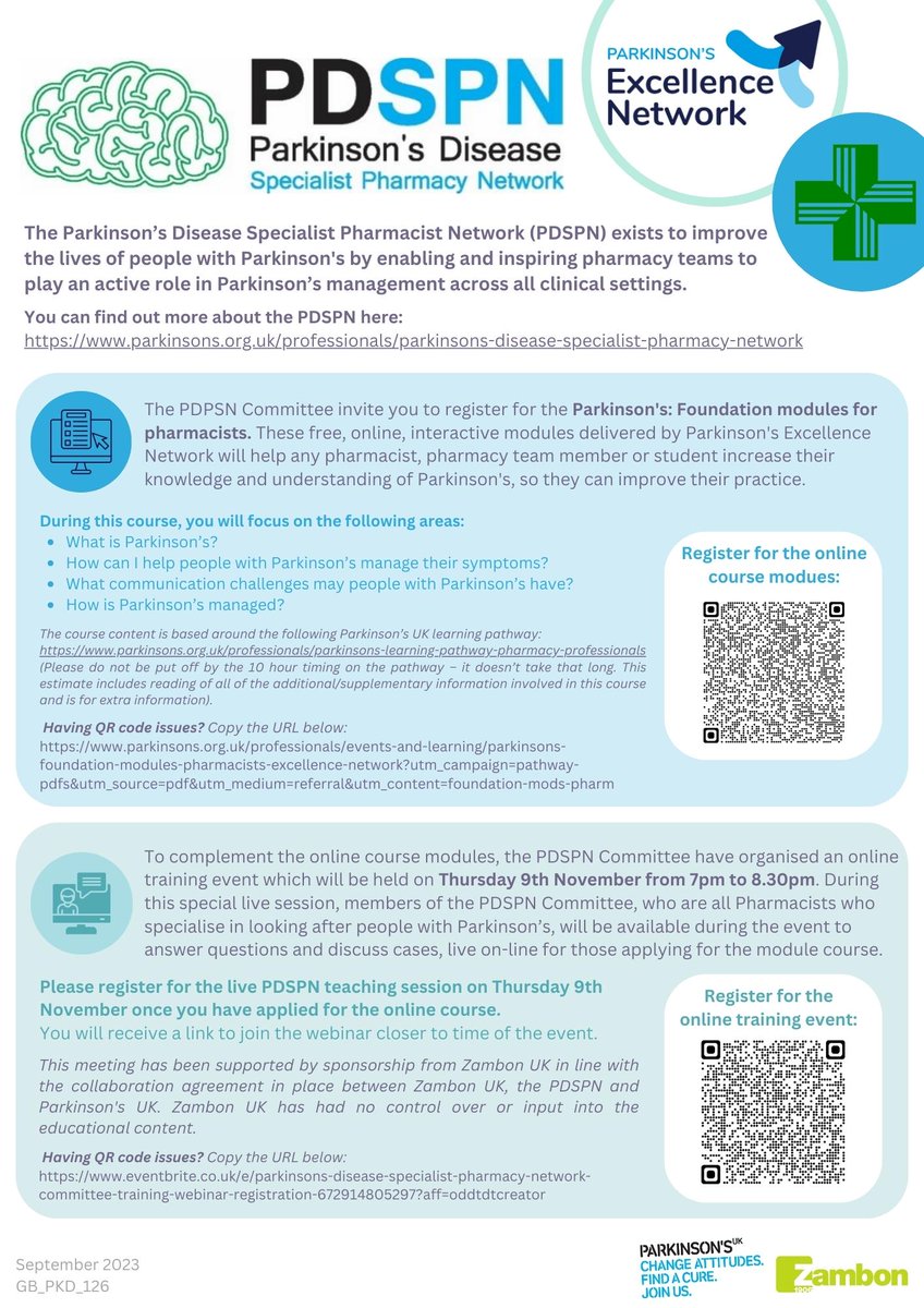 Exciting news🚨 the <a href="/Pharmacy_PDSPN/">Parkinson's Disease Specialist Pharmacy Network</a> are hosting a special, online training webinar on Thursday 9 November.  The webinar will complement our Parkinson's foundation modules for #pharmacists by giving attendees the chance to meet members of the PDSPN Committee and ask questions.