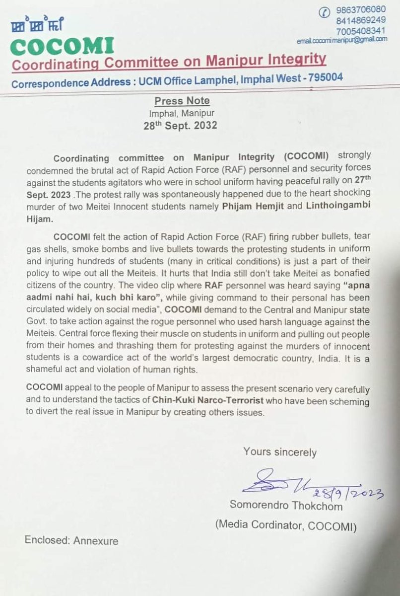 Civil society organisation representing Meitei community in #Manipur has condemned the 'brutal act of RAF &amp; other security forces against protesting students'

They have alleged that forces used RUBBER BULLETS, SMOKE BOMBS AND LIVE BULLETS on students. And many kids are critical.