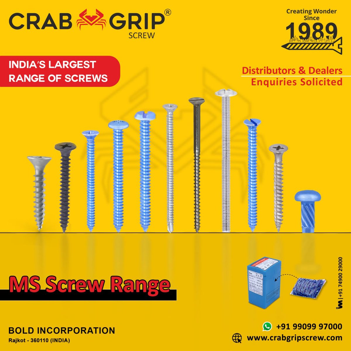 ibais_hardware's tweet photo. CRAB 🦀 GRIP SCREW

India's Most Trusted Screw Brand Since 1989

For inquiry via WhatsApp click:
https://t.co/Pg6ZFP42gX

Bold Incorporation [Rajkot]
Customer Care No: +91 99099 97000
#fasternermanufacturer #screw #screwhardware #screws 
.
@crabgripscrew 
@IBAISMEDIA https://t.co/NRFm7MXJBg