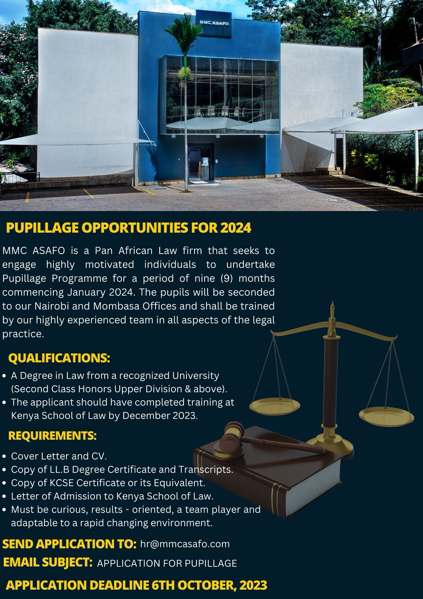Are you ready to embark on a transformative legal journey? We are pleased to announce Pupillage Opportunities for the year 2024!  
#IkoKaziKE