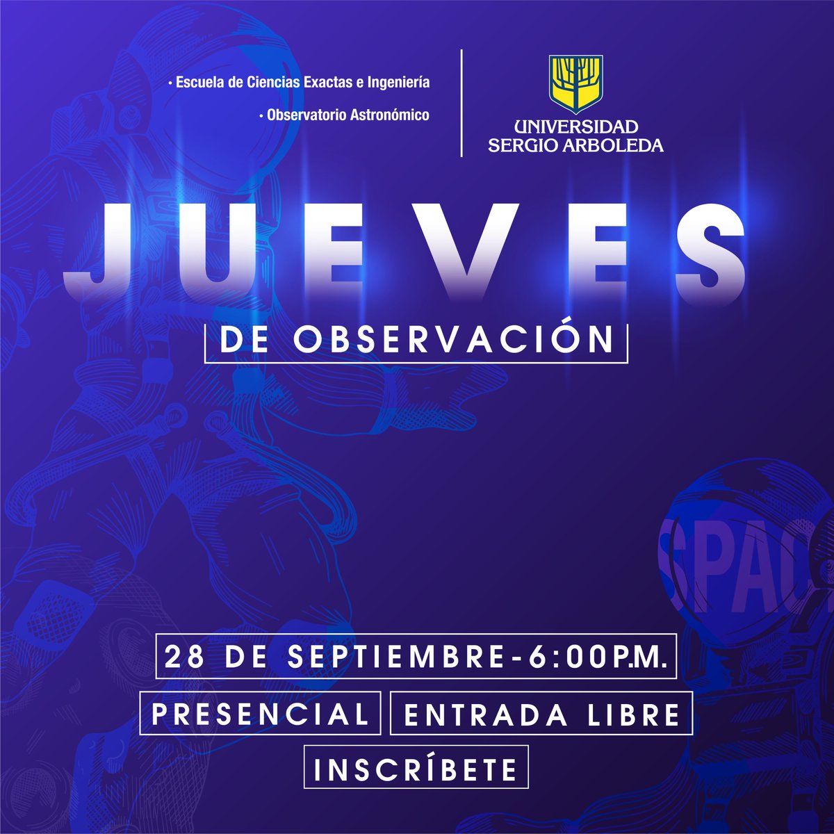 🌌✨Únete a nuestro emocionante evento "Jueves de Observación". 🌠 Descubre los secretos del cosmos y admira los misterios del universo a través de nuestros telescopios. 🔭¡No te lo pierdas! 

🗓️ Fecha: Jueves [Fecha]
Hora: 6:00 p.m. - 8:00 p.m. 
#JuevesDeObservación #Astronomía