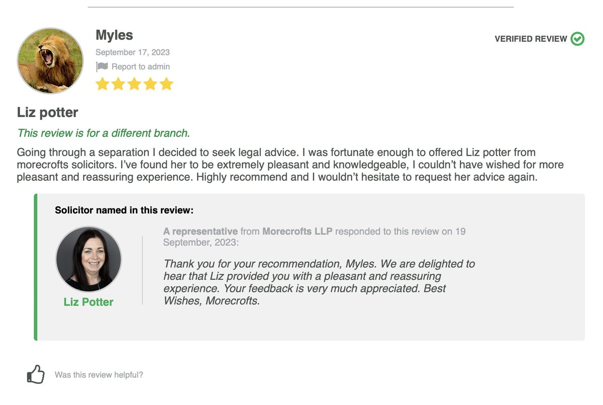 Morecrofts's tweet photo. There's lots of great feedback on Review Solicitors for our team - such as this one about #FamilyLaw Associate Legal Executive, Liz Potter.  Well done Liz! 👏

#MorecroftsPeople #FamilyLawSolicitors https://t.co/ip1AOXowIk