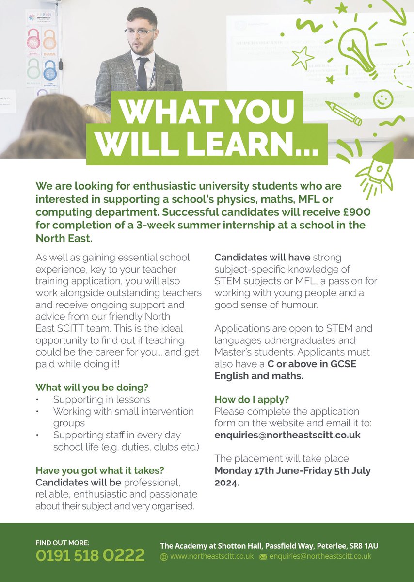 NorthEastSCITT's tweet photo. Our paid teaching internship is back! The 3 week internship is open to undergraduates and master's students who are studying a STEM subject or MFL. 

Interested in getting a taster of teaching in June 2024? Register your interest here: https://t.co/ATCgnuTFCA https://t.co/XExc2EpHwY