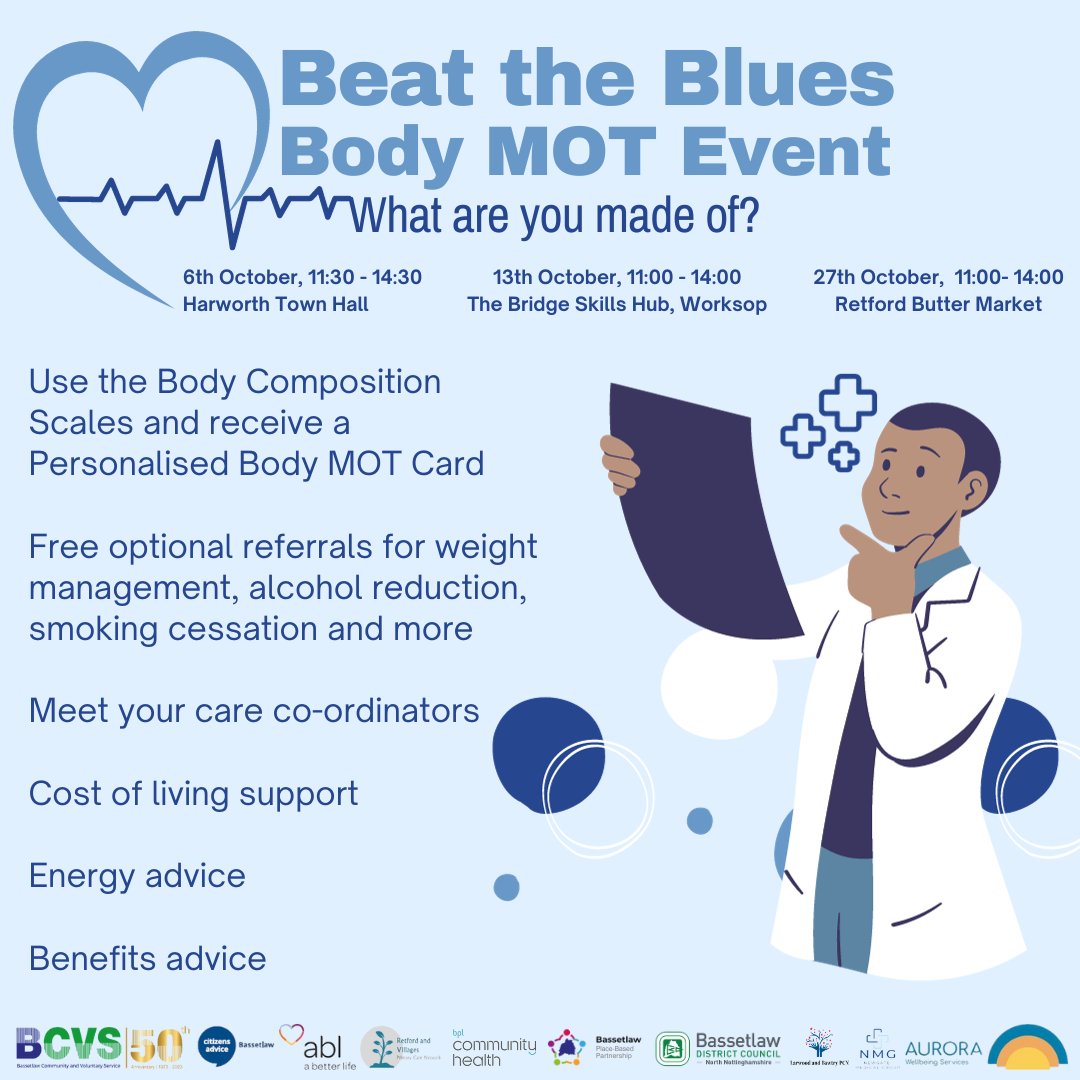 BassetlawDC's tweet photo. Drop in to one of our Body MOT events next month and get a head start on beating the winter blues! 💪❄️

#Harworth Town Hall, 6th October, 11:30am - 2:30pm

The @BridgeSkillsHub in #Worksop, 13th October, 11:00am -  2:00pm

#Retford Butter Market, 27th October, 11:00am - 2:00pm https://t.co/CqOxyWUcxe