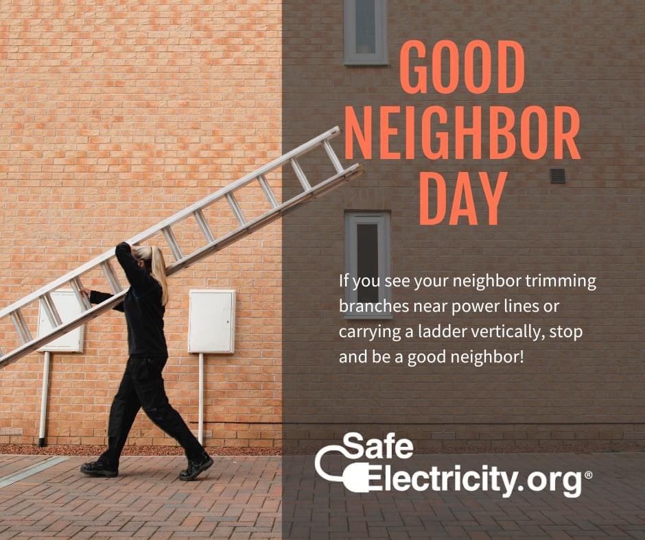 Be a good neighbor and lead by example: Carry a ladder horizontally and always keep yourself and any equipment at least 10 feet away from overhead power lines: bit.ly/3lkEhDd #SafeElectricity