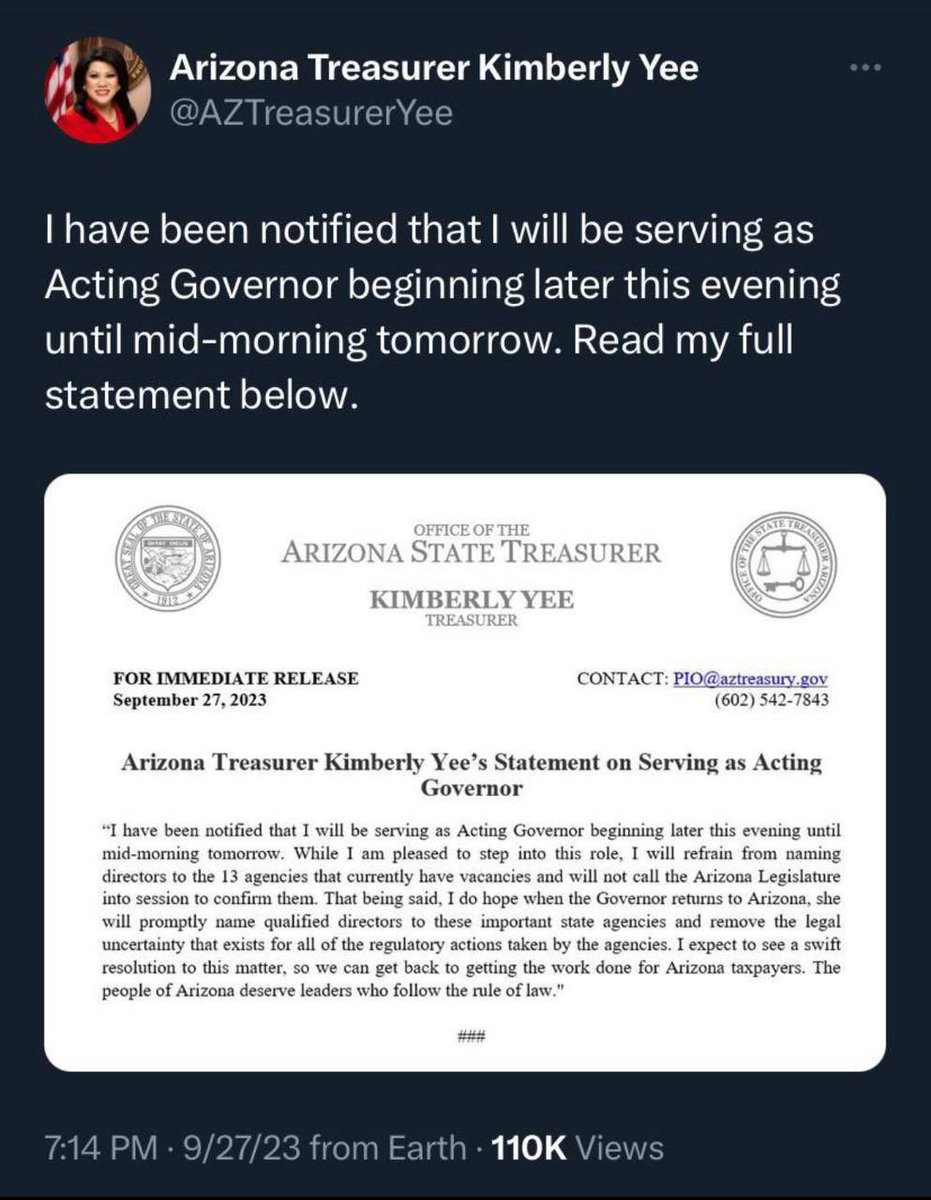 Arizona Senate laid out RICO indictments against Katie Hobbs in violation of RICO ACT-13-2301: bribery, racketeering, money laundering, human trafficking, election fraud, etc. GOP State Treasurer Kim Yee announced she is Acting Governor of AZ, Katie Hobbs is no longer Governor