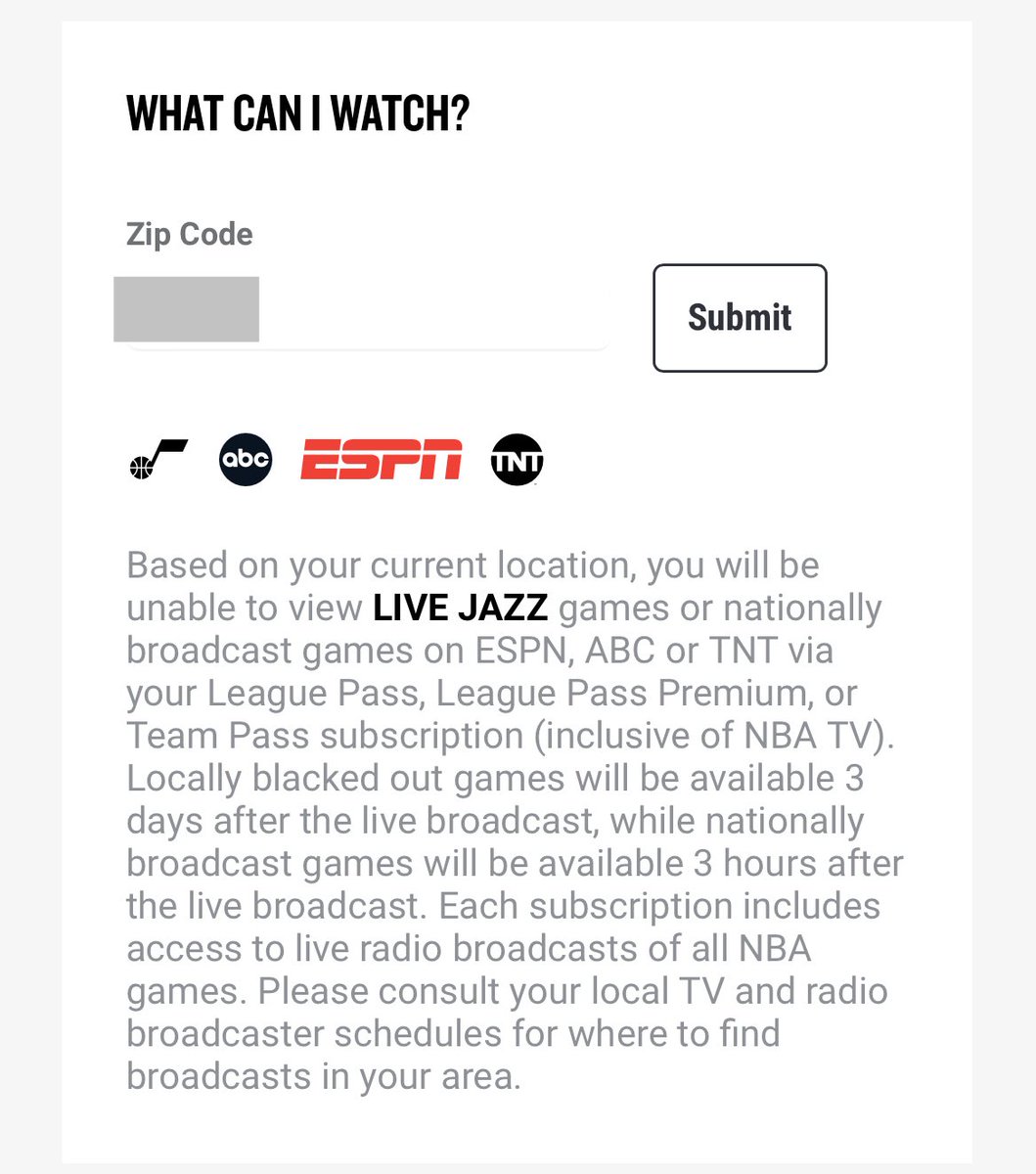 redteebs's tweet photo. We live outside the range where Jazz+ is available. Just checked NBA league pass for our zip code, and it says we’d be unable to watch live games because of blackout restrictions. So . . . how do we watch live Jazz games? Help! @utahjazz @RyanQualtrics https://t.co/LQI04KarnK