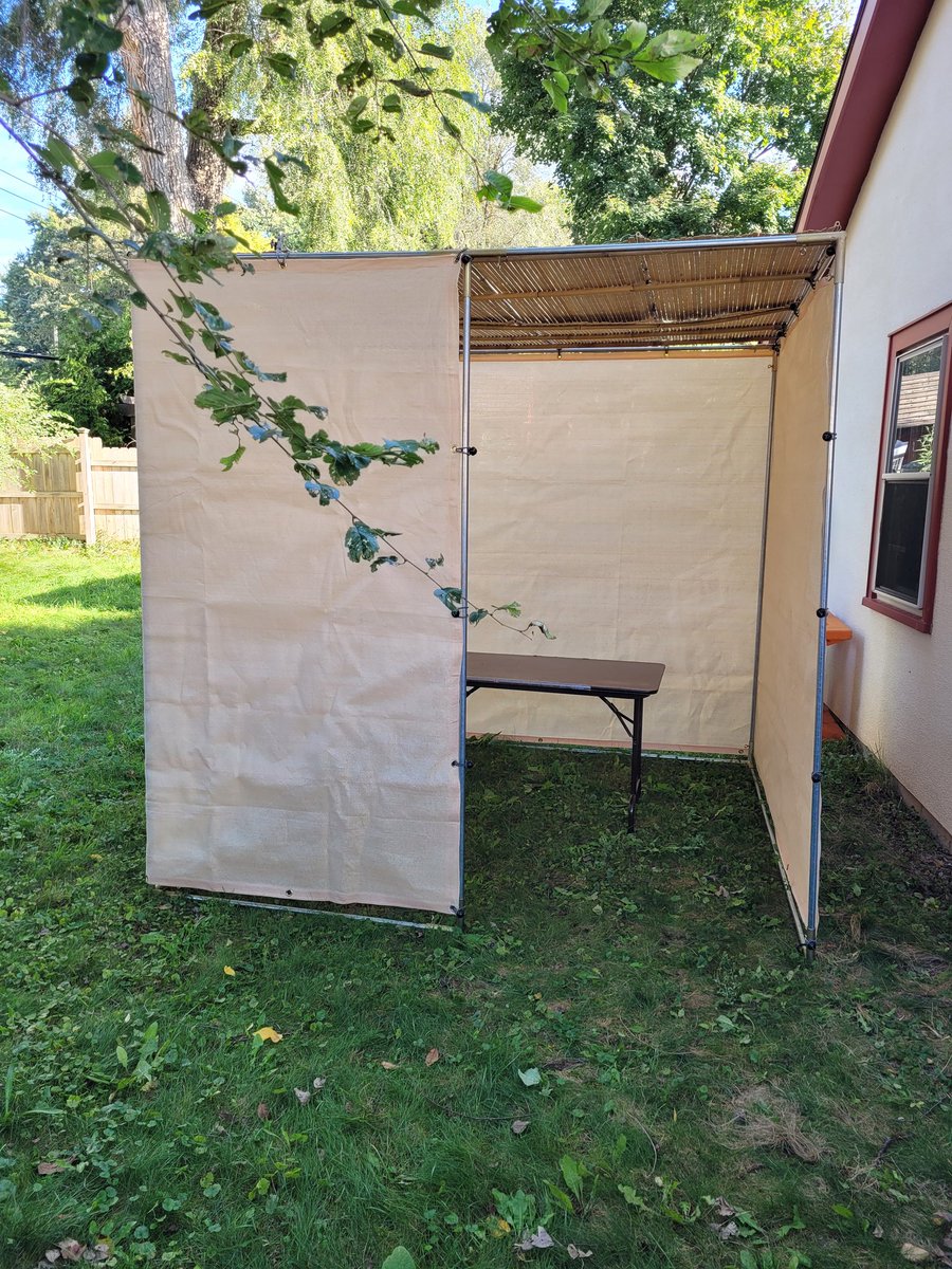 Doesn't look like much, but a couple of senior citizens put it up in under 2 hours.
I need to have a word with Rabbi Shmuel about how his calendar allows #Sukkot to follow #YomKippur without an intervening weekend to put up your sukkah.