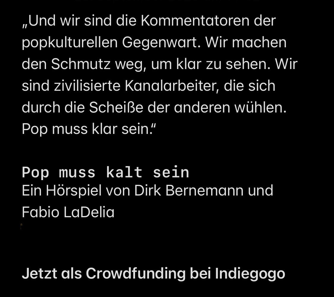In unserem Hörspiel POP MUSS KALT SEIN geht es auch um den Anspruch an journalistische Arbeit. Wie tief kann/muss/soll/darf sie gehen? Wieviel privat ist zu privat? 
HÖRSPIEL für 10 Euro als DIGITALE VARIANTE oder ANDERE GOODIES. 
Link:  shorturl.at/kDJY4

#verantwortung