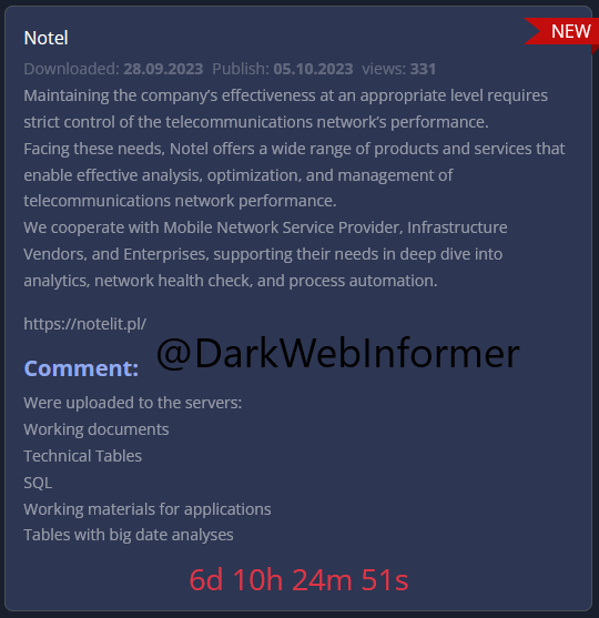 DarkWebInformer's tweet photo. Threat Actor: 8Base
Ransomware Victim: Notel @pl_rfbenchmark
Date: 2023-09-28
Note: Allegedly, #8Base has named #Notel as a victim. #Ransomware #StopRansomware #DarkWeb #DarkWebInformer https://t.co/dwzyKXxHfH