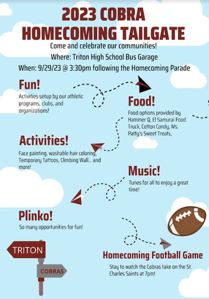 LukeLutterman's tweet photo. We hope you will join us for the Homecoming Parade and Tailgate on Friday, September 29. The parade starts at 1:15 PM and the tailgate will take place from 3:30 - 6:30 PM and will be followed by the Triton Vs. St. Charles Football game. #WeAreTriton https://t.co/eIJgiAStLw