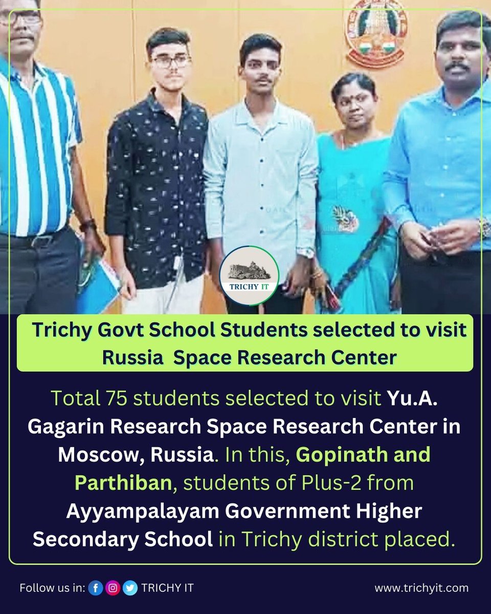 TrichyIT's tweet photo. விண்வெளி ஆய்வு மையத்தை பார்வையிட திருச்சியில் இருந்து ரஷ்யாவுக்கு சென்ற அரசு பள்ளி மாணவர்கள் கலெக்டரை சந்தித்து வாழ்த்து பெற்றனர்.
Full video
https://t.co/duS0pEU4dq
#trichy #russiaspaceprogram #tiruchirappalli #trichyit #trichyupdates #trichycity https://t.co/jARnl7QuJu