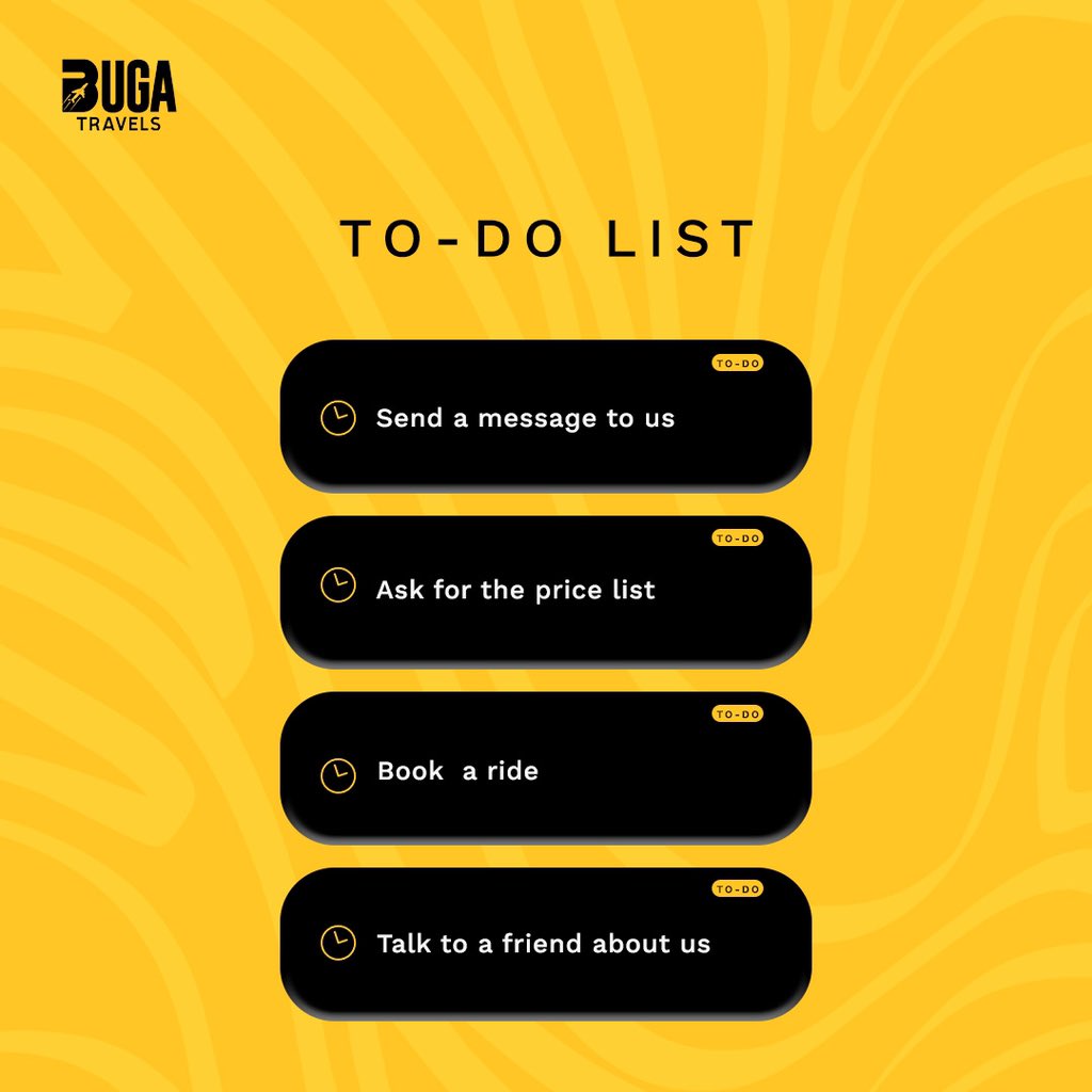 BugaTravels's tweet photo. "We prioritize your well-being, which is why we've prepared a to-do list for your return to school. Our goal is to ensure your commute is not only safe but also comfortable and seamless. Let's turn 'to do' into 'done'."
#bugadeforyou #covenantuniversity #bellsuniversity https://t.co/ViqYGpGVRc