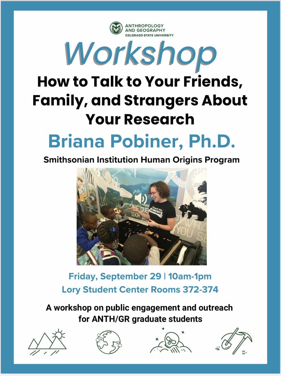 BrianaPobiner's tweet image. Heading west to Colorado for a few days - looking forward to giving a talk and leading a workshop at @CSUAnthGR and attending the Rocky Mountain Biological Anthropology Association conference!
