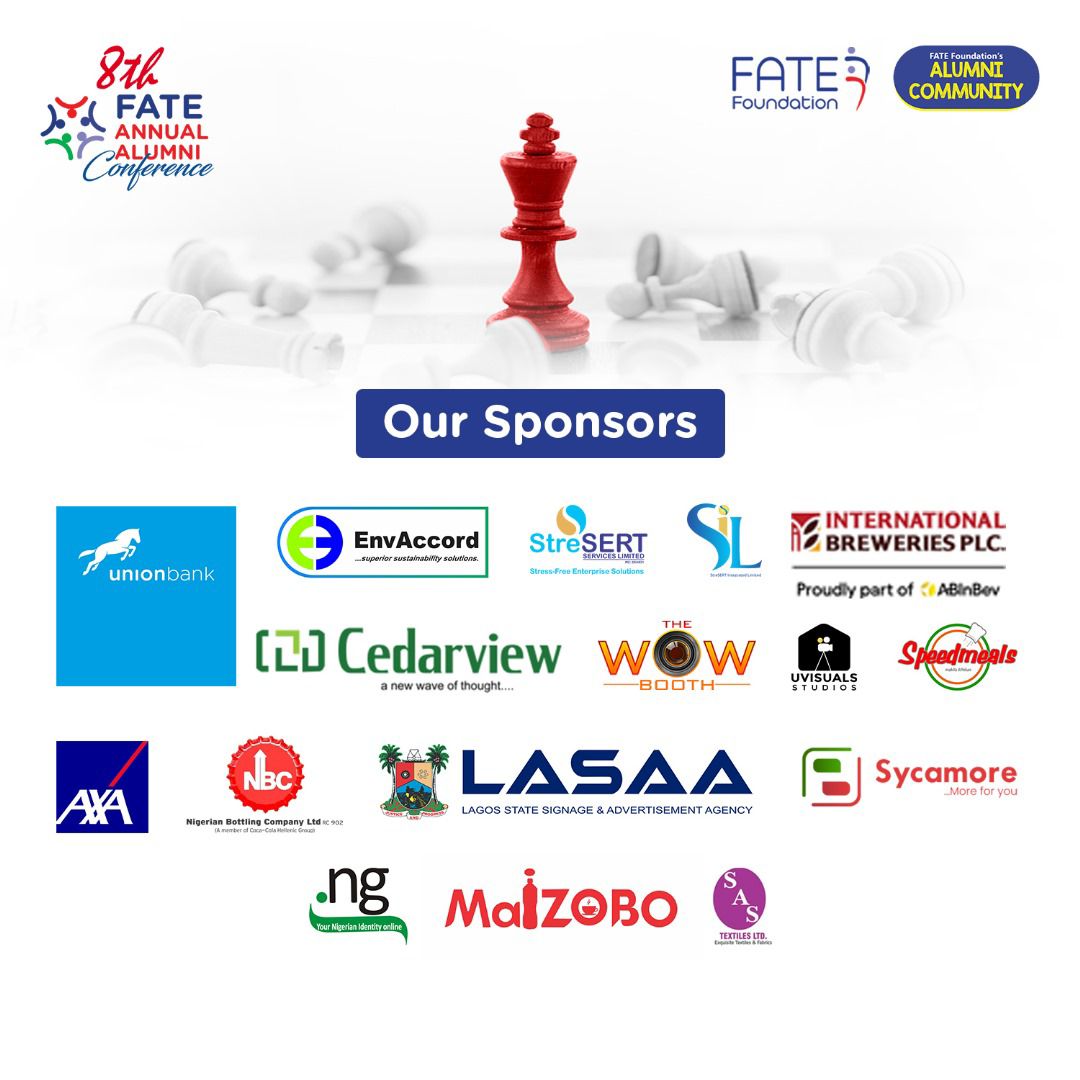 FATEFoundation's tweet photo. Introducing our sponsors for the 8th FATE Annual Alumni Conference: @UNIONBANK_NG , @EnvAccord , @StreSERTLTD , @StresertIL , @IBPlc_ng, Cedarview, @TheWoWBooth , @Uvisualstudios , @SpeedMeals , @AXA , Nigeria Bottling Company, LASAA, @SycamoreNG , ng, @maizobo_fb , @sastextiles https://t.co/YIxsLCs5lR