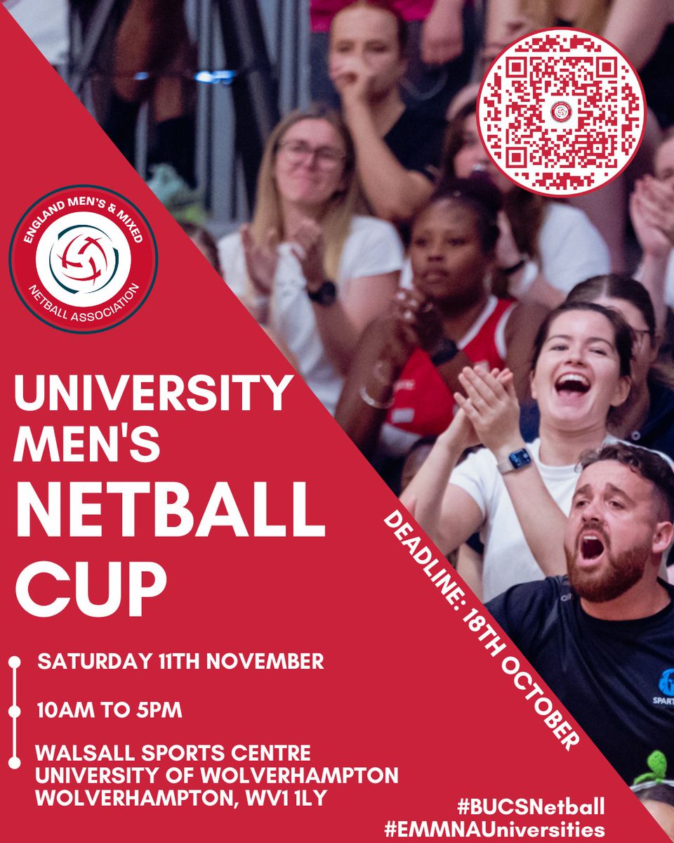 EnglandMMNA's tweet photo. Men’s netball pathways are building! Proud to announce our University Men’s Netball Cup in partnership with the BUCS Netball Advisory Group. Enter via QR code or the link on our site

🔗 https://t.co/Q4bHSPCbC6 to read more

#BUCSNetball #EMMNAUniversities #netballforall https://t.co/XtnLCxSLUs