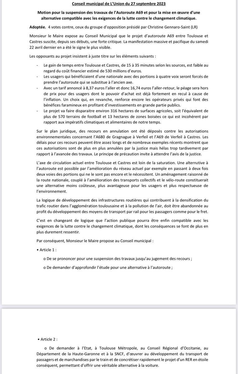 Motion votée par le conseil municipal de L’Union hier soir. Nous demandons la suspension des travaux en attendant que la justice se prononce sur les recours. Projet absurde, écocidaire et d’un autre siècle. Priorité doit être donnée aux TER et au RER métropolitain.