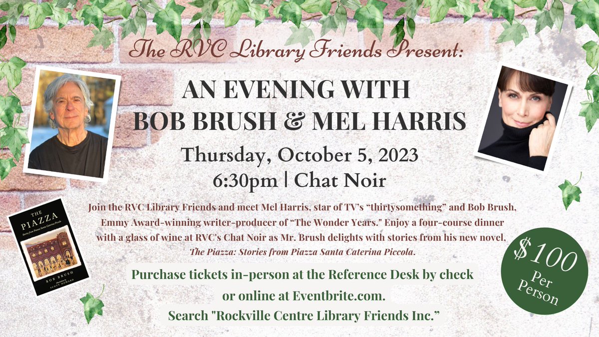 rvcpl's tweet photo. Join us at #ChatNoir on Thursday, October 5, at 6:30pm for a wonderful evening with #BobBrush & #MelHarris!
#RVCLibrary #LibraryFriends #LiveAuthorEvent #ThePiazza #RVC #LibraryTwitter https://t.co/Fo2P5pRSnr