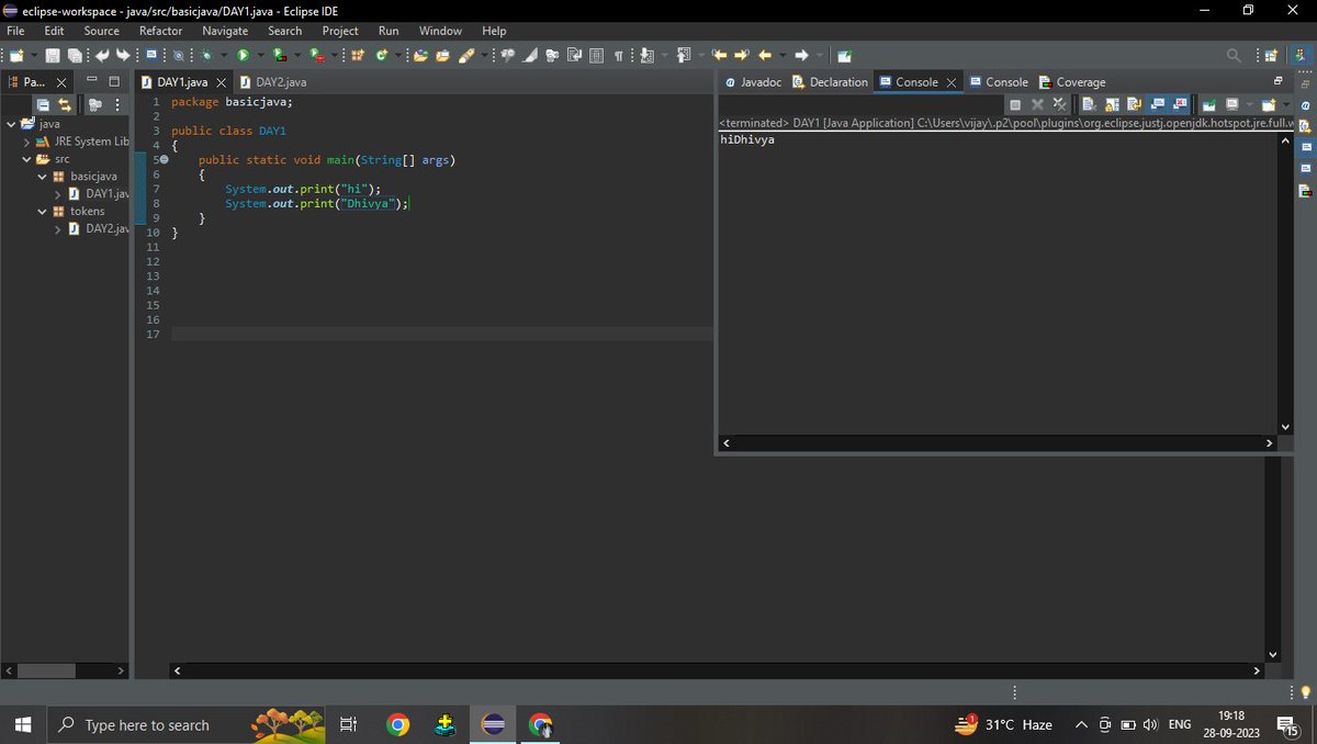 DhivyaVijay16's tweet image. #TASK-1
 First day of Java class! 📚 Exciting journey ahead! 😃 Today, we learned about the difference between `System.out.print` &amp;amp; `System.out.println`. 🖨️ `print` doesn&apos;t add a newline,so text stays on the same line, while `println` adds a newline after printing. #JavaBeginner