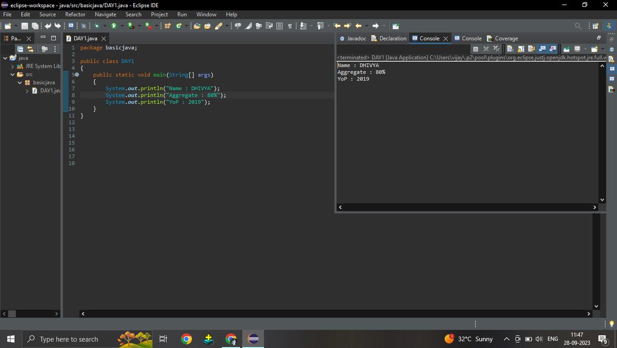 DhivyaVijay16's tweet image. #TASK-1
 First day of Java class! 📚 Exciting journey ahead! 😃 Today, we learned about the difference between `System.out.print` &amp;amp; `System.out.println`. 🖨️ `print` doesn&apos;t add a newline,so text stays on the same line, while `println` adds a newline after printing. #JavaBeginner