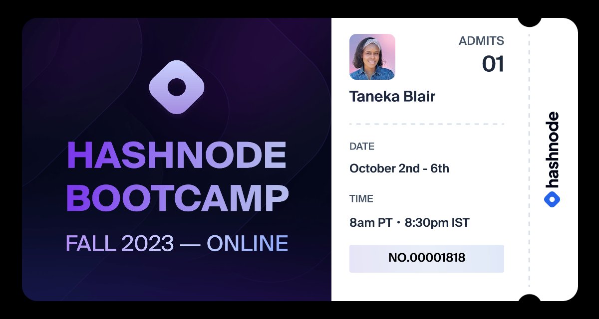 NekaTheDev's tweet image. I&apos;m going to attend the Hashnode Bootcamp, first week of October. Would love to see you there! #hashnodebootcamp
#tech #developers #techtwitter #WomenWhoCode #freecodecamp  #BlackTech #TECH4ALL #CodeNewbie #SoftwareEngineering #SoftwareDeveloper