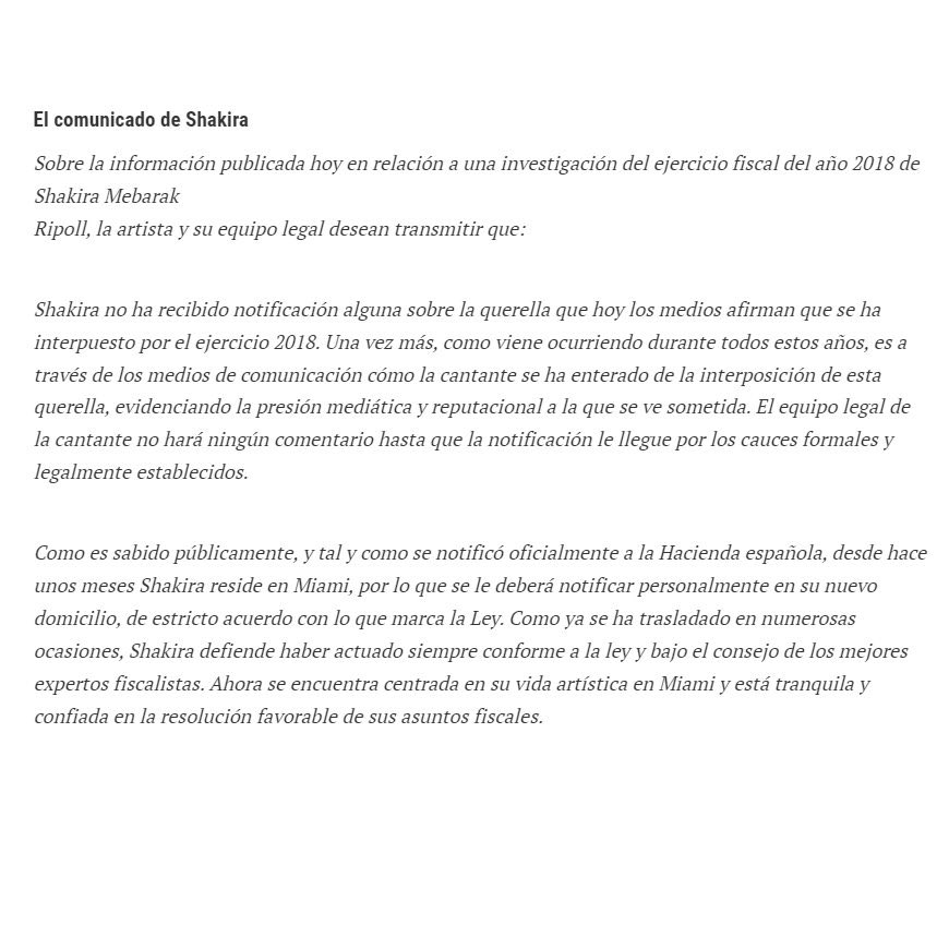 _TeamShakira_'s tweet photo. 📄 | Comunicado oficial del equipo legal de Shakira sobre la historia mediática de fraude fiscal:

“Shakira no ha recibido notificación alguna sobre la querella que hoy los medios afirman que se ha interpuesto por el ejercicio 2018.” https://t.co/5ubqF9kWmJ