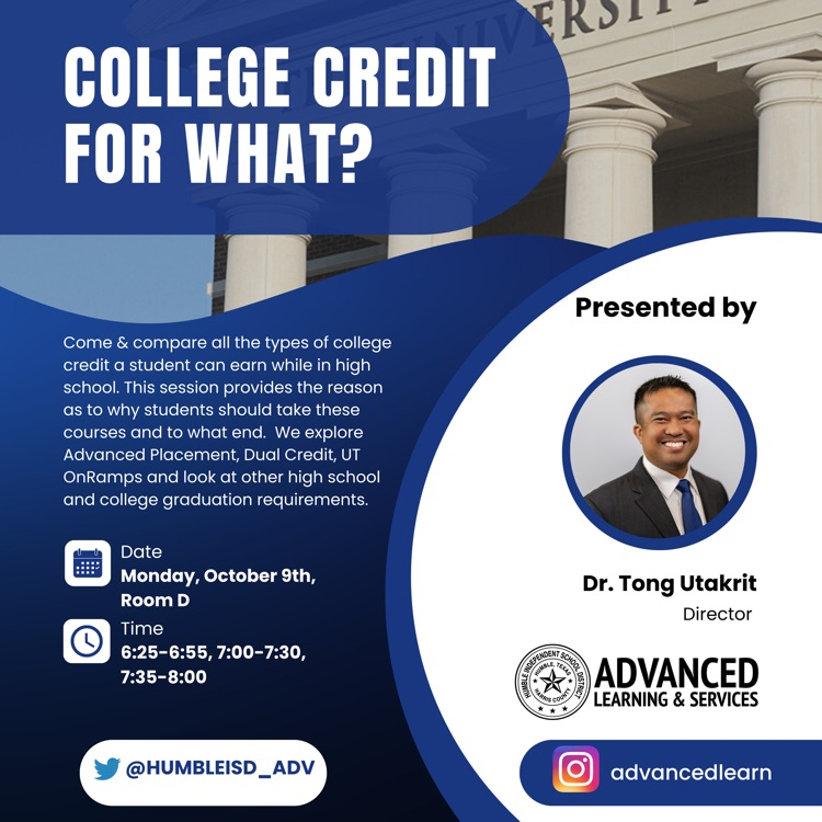 HumbleISD_ADV's tweet image. Save the date! 🗓️
Join @HumbleISD for College & Career Night @ Humble Civic Center from 6-8 PM on October 9th. Learn @ types of college credit a student can earn while in HS! #AdvancedLearning
