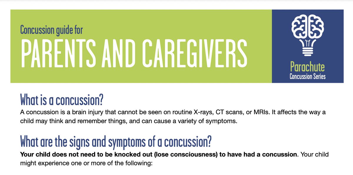 parachutecanada's tweet image. Parachute has created a series of free concussion guides to help you recognize the signs &amp;amp; symptoms and answer your questions. Check out this one for parents &amp;amp; caregivers. 🧠 #ConcussionAwarenessWeek #ConcussionEd