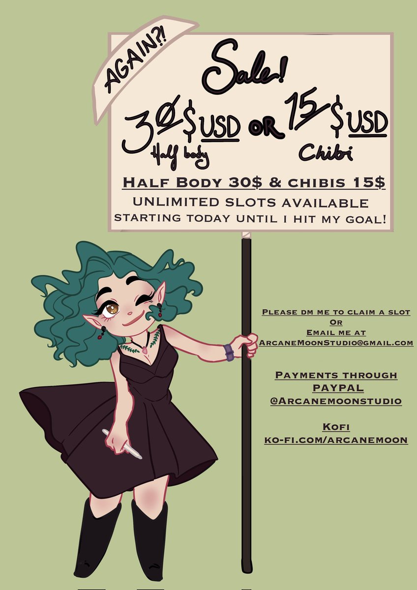 ArcaneMoonArt's tweet image. Emergency Reposting this!

 Because I'm super close to losing my accounts because of overdue bills and my medical bills spilling out of control.

Half body is 30$
Chibi is 15$

I'm willing to take 15 full bodies right now at the last sale price of 40$.

Please share if you can