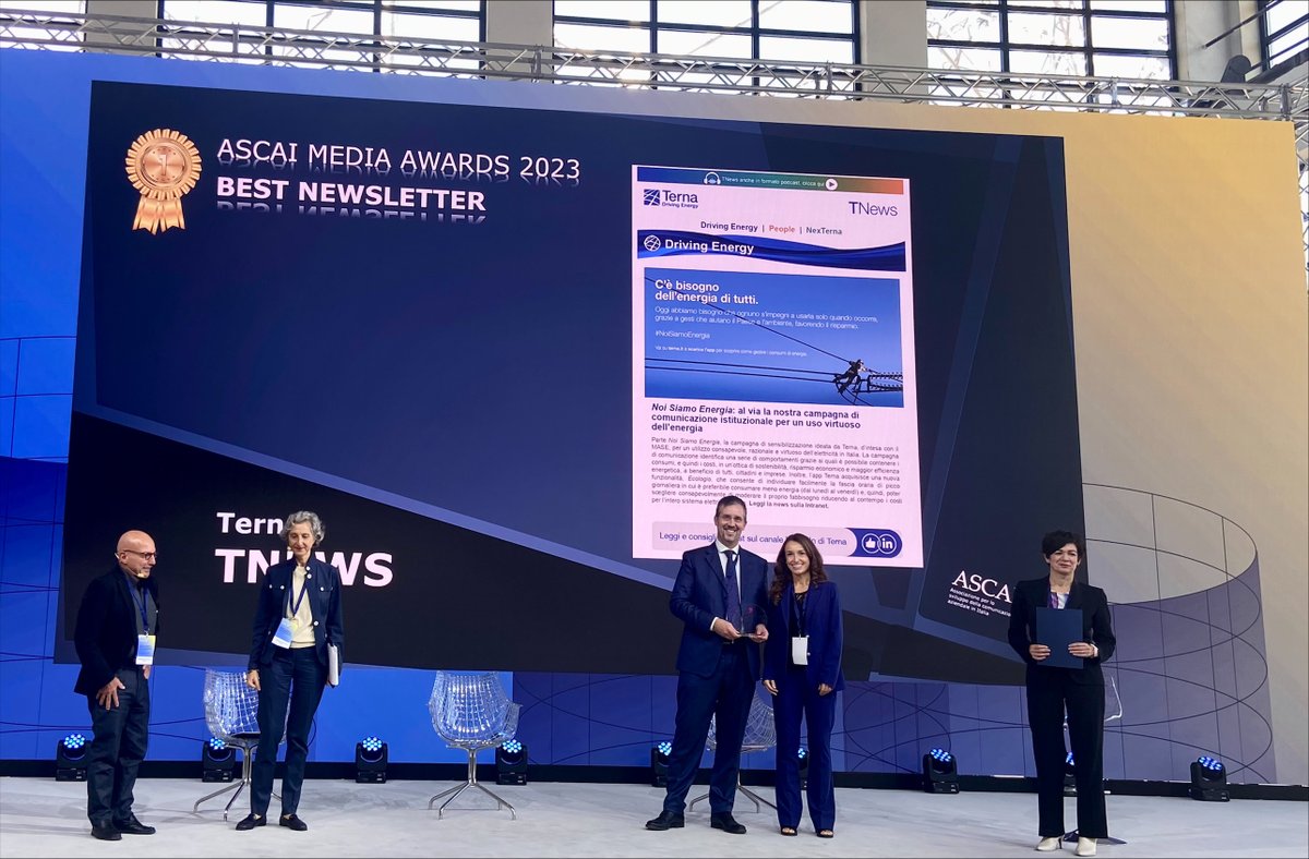 Con #TNews, Terna si è classificata al primo posto nella categoria “Newsletter” degli #AscaiMediaAwards2023, dedicati alle migliori pubblicazioni analogiche e digitali realizzate dalle aziende italiane. 
#DrivingEnergy