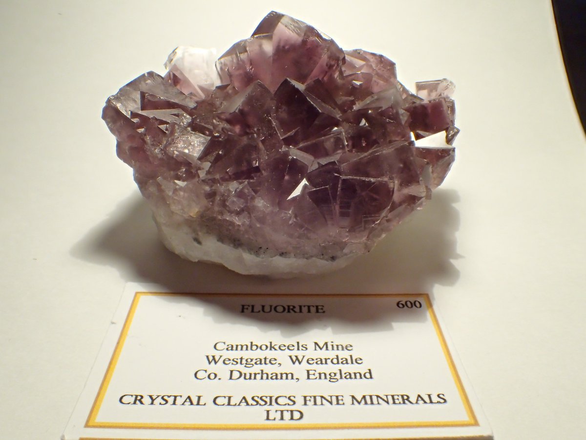 Fluorite
Cambokeels Mine, Westgate, Weardale, Co. Durham, England

イギリスのワインレッドカラーな蛍石。
あの地域らしい貫入双晶、頂点の結晶形もいい！横から見ると、結晶の外側は無色だったり。
1989年に産出されたものとのことでそんな情報があるのも嬉しい。
