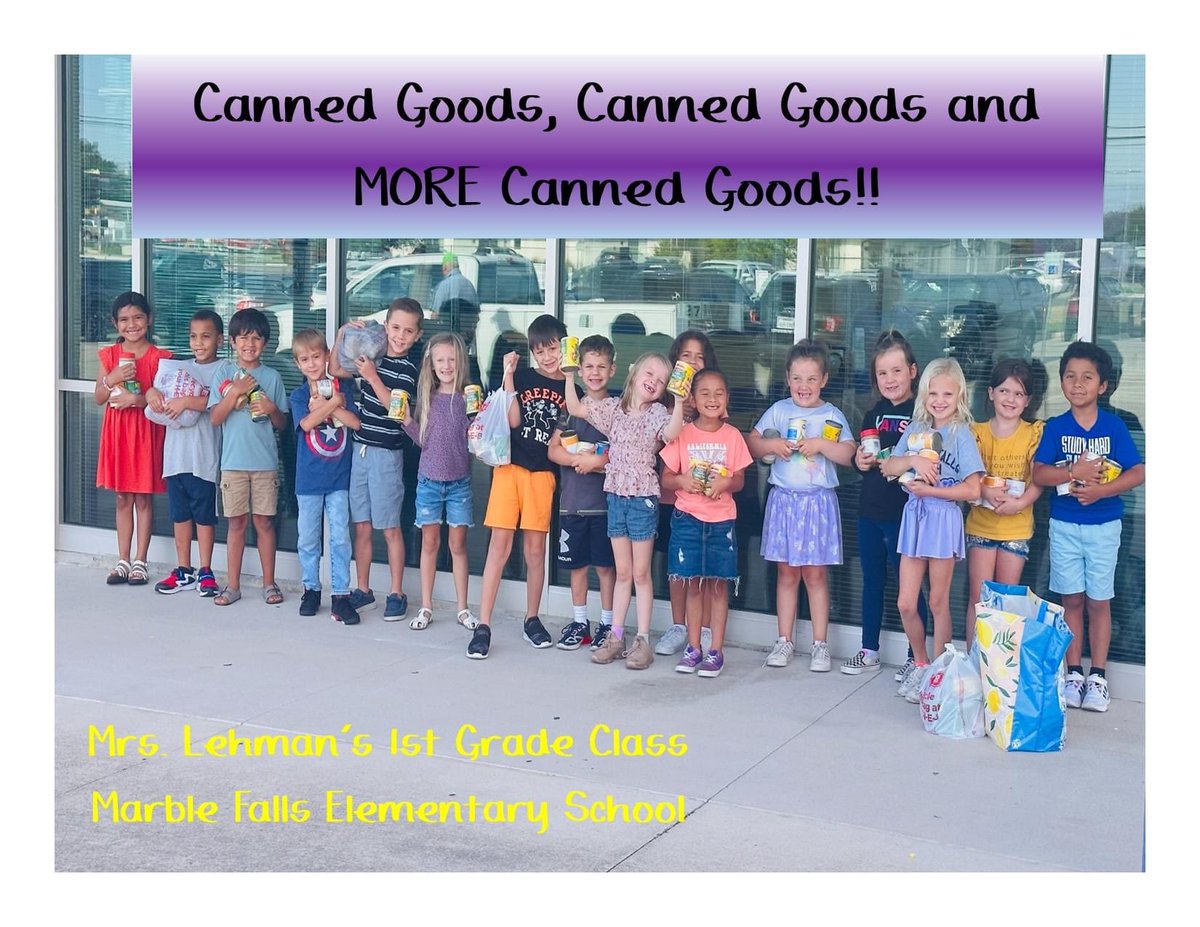 🥫🥫⭐️🥫🥫🥫
Are you excited about our BATTLE OF THE CANS challenge against Burnet?  You should be!!  
Mrs. Lehman's 1st grade class received a very generous can and non-perishable donation this morning.  Our students are excited about giving back to our community!