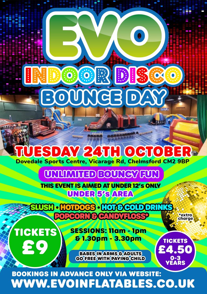 BOUNCE to the BEAT – Disco bounce days in #Chelmsford #Dunmow and #BishopsStortford this #halfterm. #Essex 11am-1pm 
evoeventdays.co.uk/category/evo-b… #boogie #bounce #disco #kidsactivities #halftermfun #halftermactivities