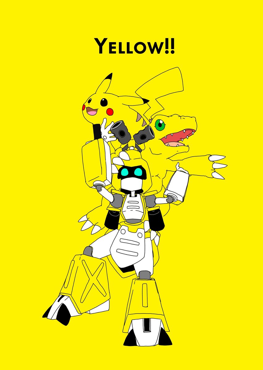 no humans yellow background digimon (creature) robot open mouth crossover simple background  illustration images