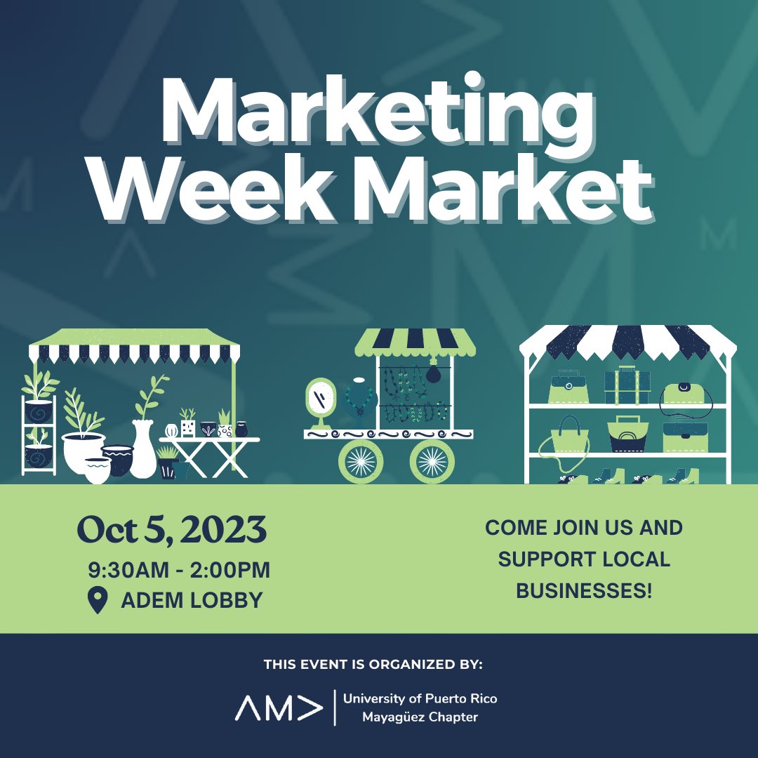 AmaUprm's tweet photo. Looking for a way to treat yourself after long weeks of studying?👀
AMA UPRM is hosting their first ever MARKETING WEEK MARKET this October 5th in ADEM’s Lobby! ✨
#collegelife #college #uprm #mayaguez #puertorico #ama #amauprm #colegio #university #rum #dejatuhuella #greenteam https://t.co/tHv2Xtv9fk