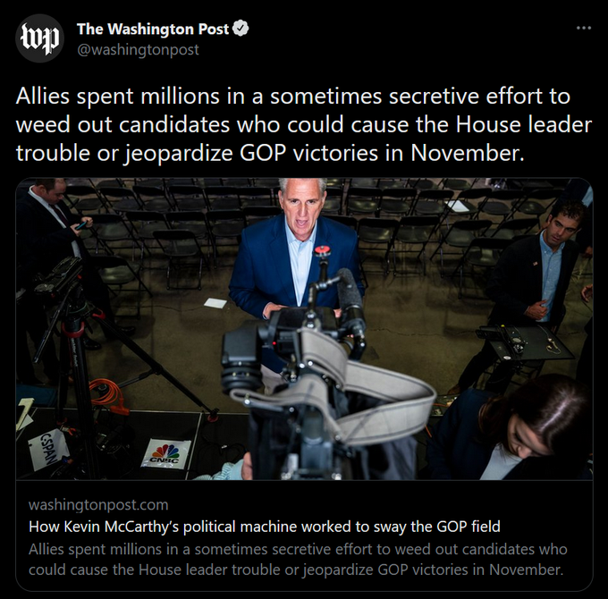 Helsingor's tweet photo. McCarthy's CLF boasted to WaPo about all the America First candidates it sabotaged in '22.

@LauraLoomer (#FL11), @CollinsForTX (#TX08), @VoteCassidy (#MS03), @DannyTarkanian (#NV02), @JoeKent16jan19 (#WA03) mentioned here...many more names in the article.
https://t.co/qpbwQFNXcj https://t.co/bTjQQTAzTz