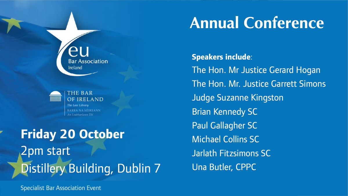🇪🇺 Calling all EU Law Practitioners

The <a href="/EUBarIreland/">EU Bar Association- Ireland</a> Conference is taking place on 20 October and open-to-all.

Hear from expert speakers across Competition and Environmental Law in an afternoon of panels, presentations and networking.

Book now: ti.to/BarofIreland/e…