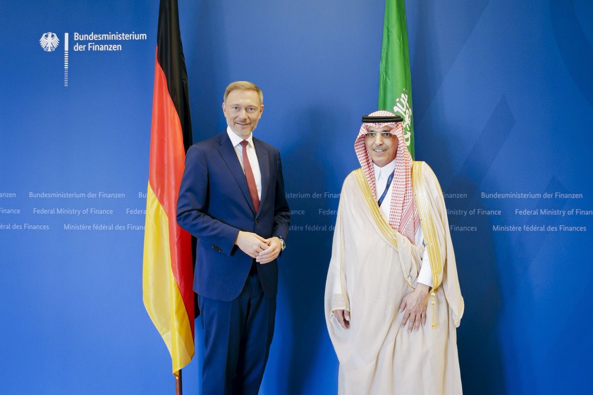 BMF_Bund's tweet photo. Minister @c_lindner met today with 🇸🇦 Finance Minister @MAAljadaan. Saudi Arabia will take over as #IMFC chair in 2024. Today's talks focused on the meeting of #G20 finance ministers in Marrakech, global debt, the implementation of the #CommonFramework and more. @MOFKSA https://t.co/VdUrFrBdlV