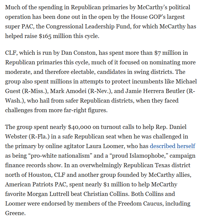 Helsingor's tweet photo. McCarthy's CLF boasted to WaPo about all the America First candidates it sabotaged in '22.

@LauraLoomer (#FL11), @CollinsForTX (#TX08), @VoteCassidy (#MS03), @DannyTarkanian (#NV02), @JoeKent16jan19 (#WA03) mentioned here...many more names in the article.
https://t.co/qpbwQFNXcj https://t.co/bTjQQTAzTz