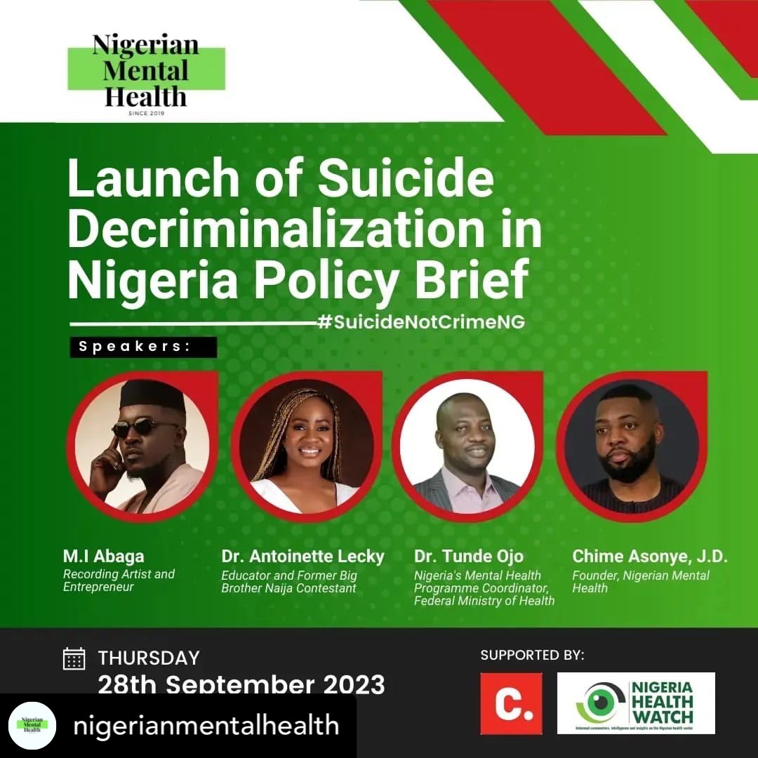 Join us today at 6 pm WAT for the launch of the @NigerianMH 'Suicide Decriminalization Policy Brief.' Let's rewrite history and advocate for compassion and support, not punishment. Register now: us06web.zoom.us/meeting/regist… #SuicideNotCrimeNG #MentalHealthMatters