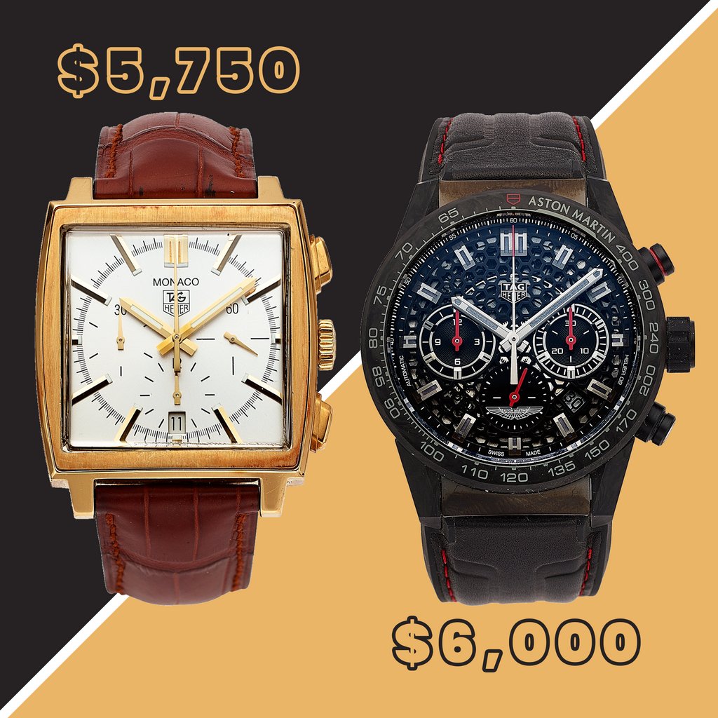 Which TAG Heuer sold for more at auction 🤯 💰️⁠?
.
.
.
.
.
1. TAG Heuer, "Monaco" 18k Gold Automatic Chronograph, Ref. CW 5140 - sold in 2021.
⁠
2. TAG Heuer, Aston Martin DBS Edition Automatic Chronograph - sold in 2022.
⁠
c/o Heritage Auctions⁠