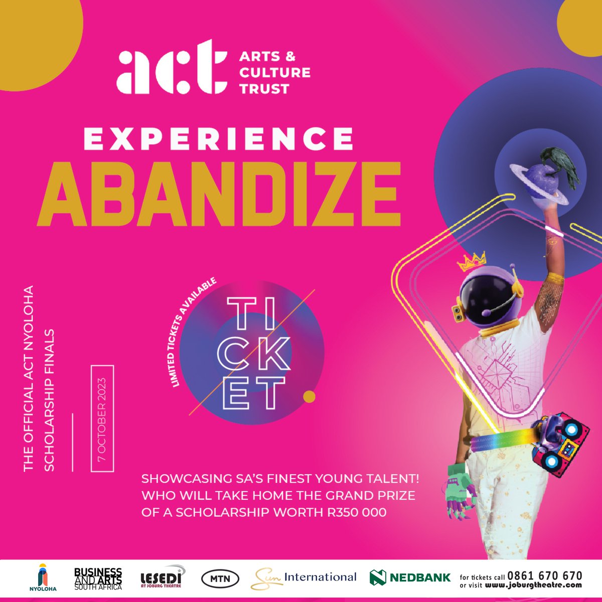actorgza's tweet image. The ACT Nyoloha Scholarship Finals are finally here!
🗓️ Oct 7th - Join us for a night of incredible talent! Can't make it to Joburg? You will be able to stream online on our Facebook Page.

Who'll win the R350,000 scholarship prize?🎟️ Book now: bit.ly/4676UcN