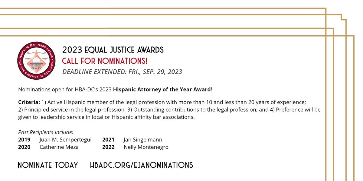 Nominations are still open for HBA-DC’s 2023 Hispanic Attorney of the Year Award! Nominate individuals for their outstanding contributions to the Latino community. Deadline to apply for the Equal Justice Awards is this Fri., Sep. 29th 👉 hbadc.org/ejanominations