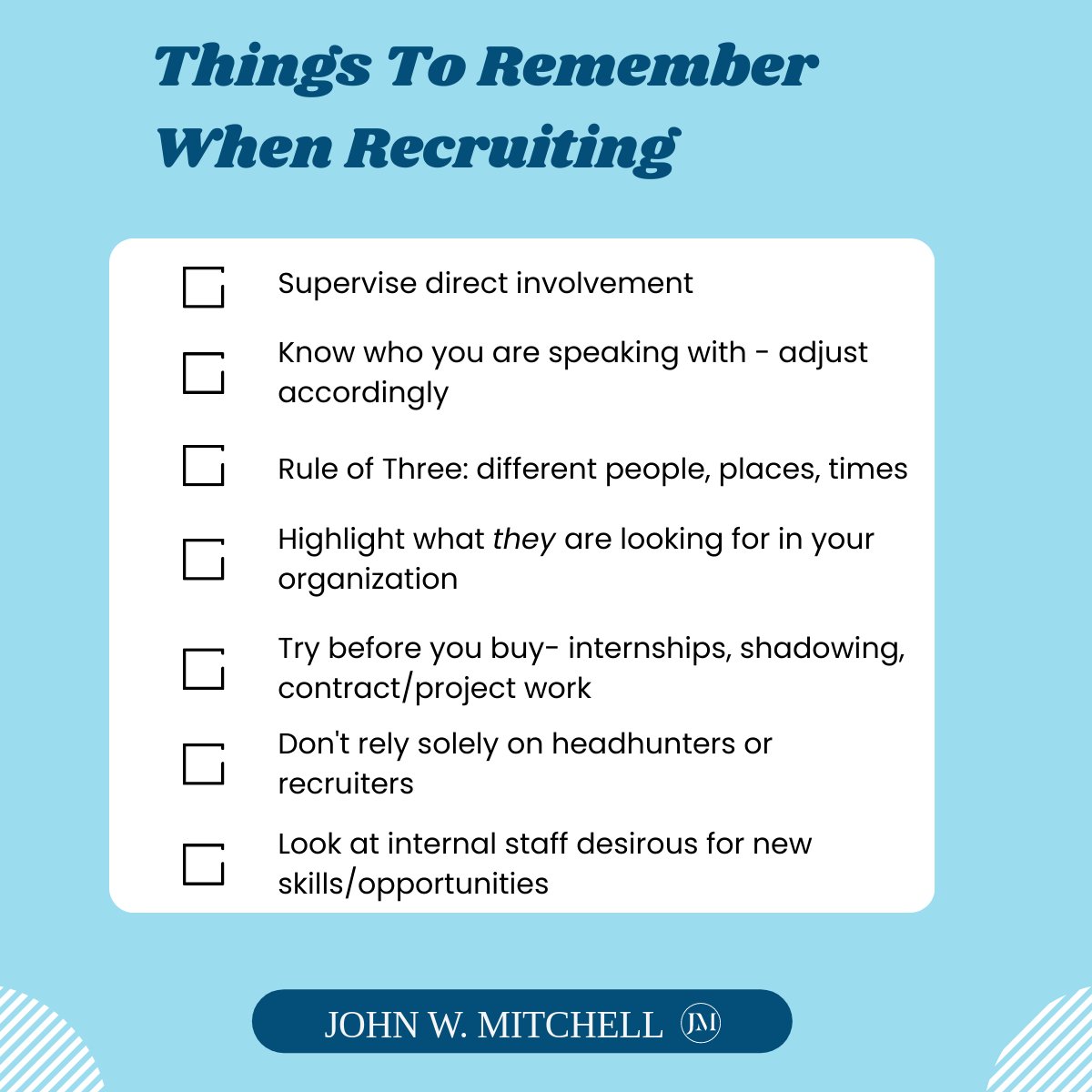 jw_mitchell's tweet image. My mission is to help you find and retain skilled employees who will contribute to the growth and success of your organization in this new workforce era. 

Here are some things to remember when looking for top talent for your team.

#RecruitingStrategy #HiringAndRetention